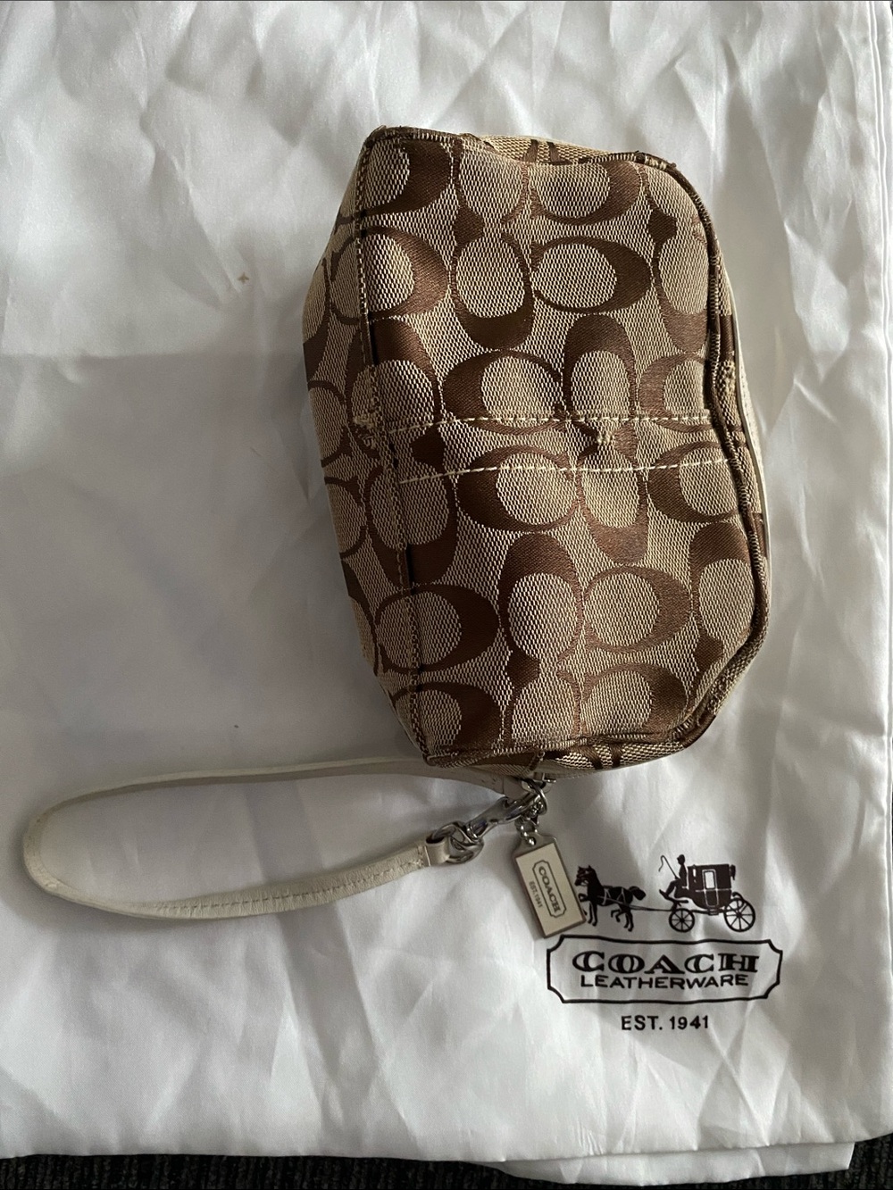 Coach Brown/Tan Signature Canvas Wristlet/ makeup bag with White Strap